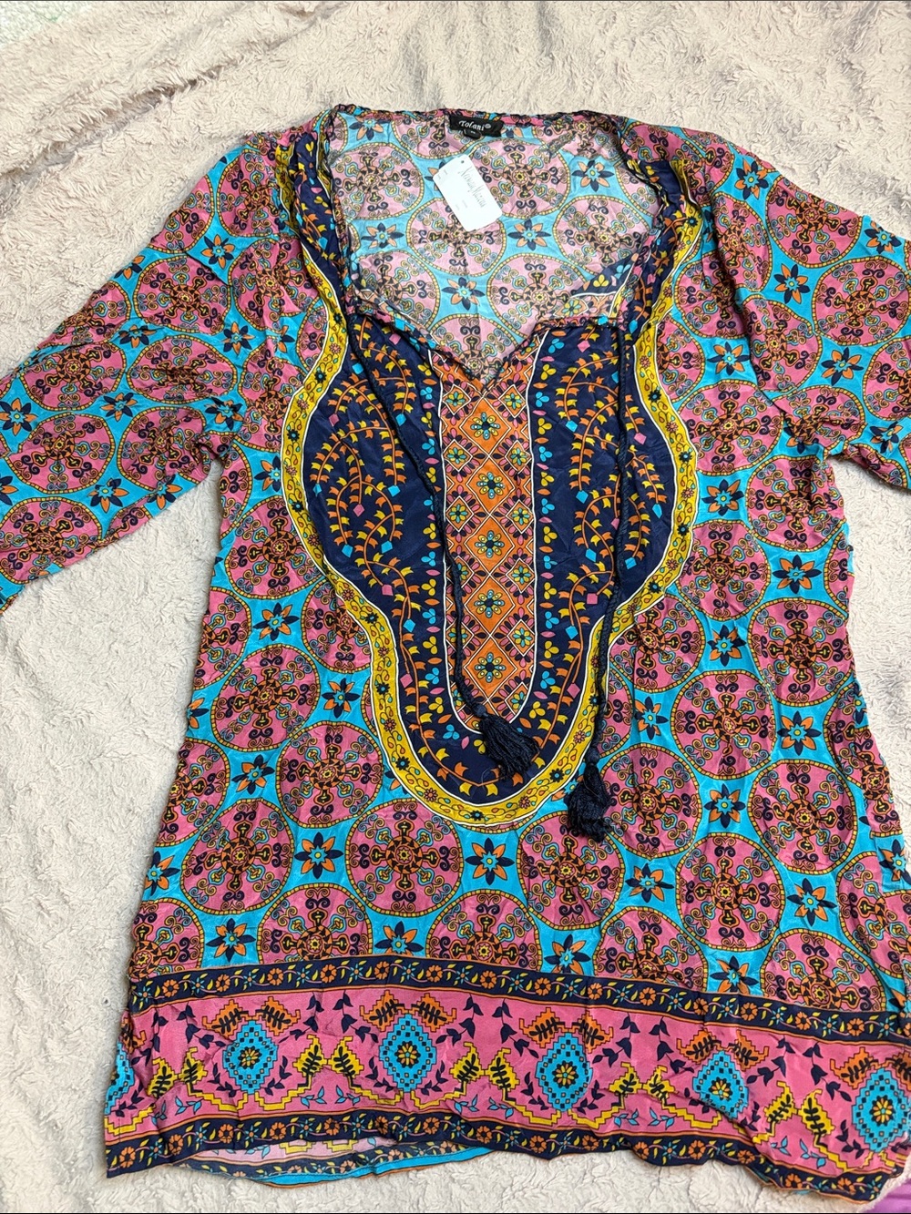 Tolani Multicolor Embroidered Boho Tunic in Pink & Teal